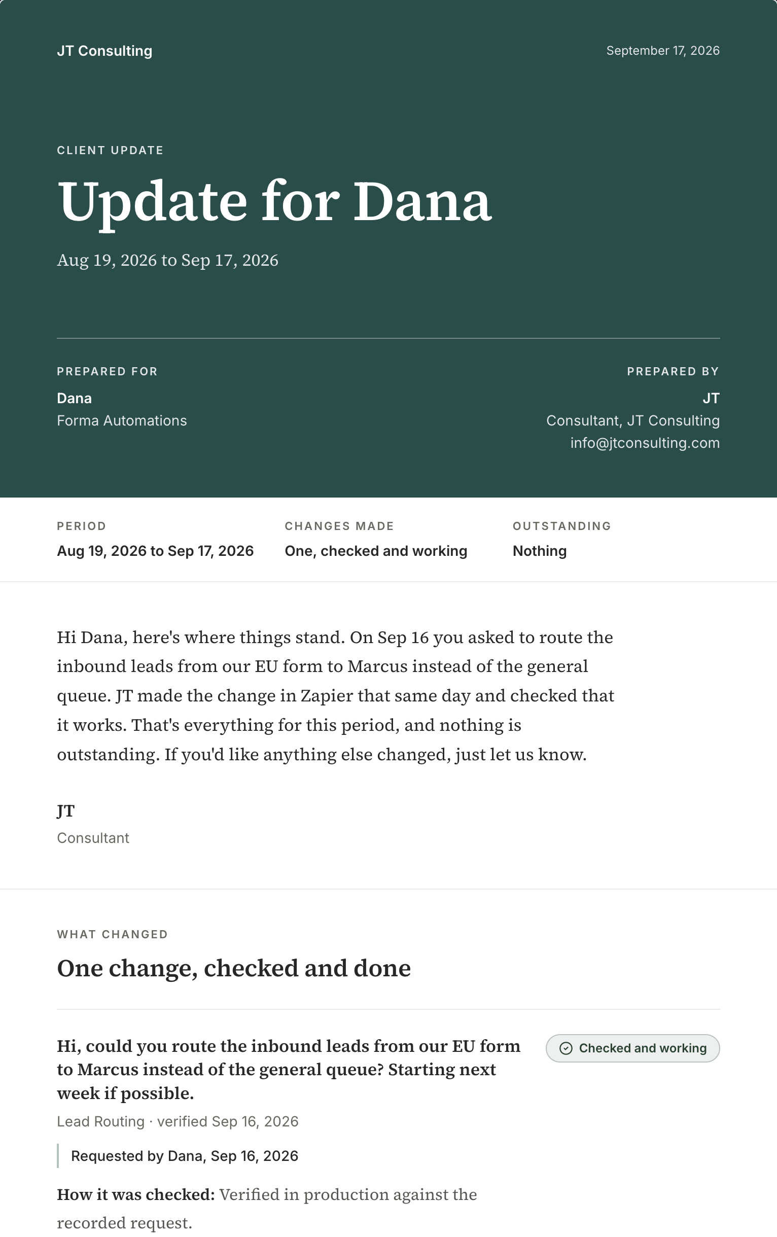 The published update for Dana on a phone: a cover band in the consultant's brand color, the at-a-glance strip, and the message
