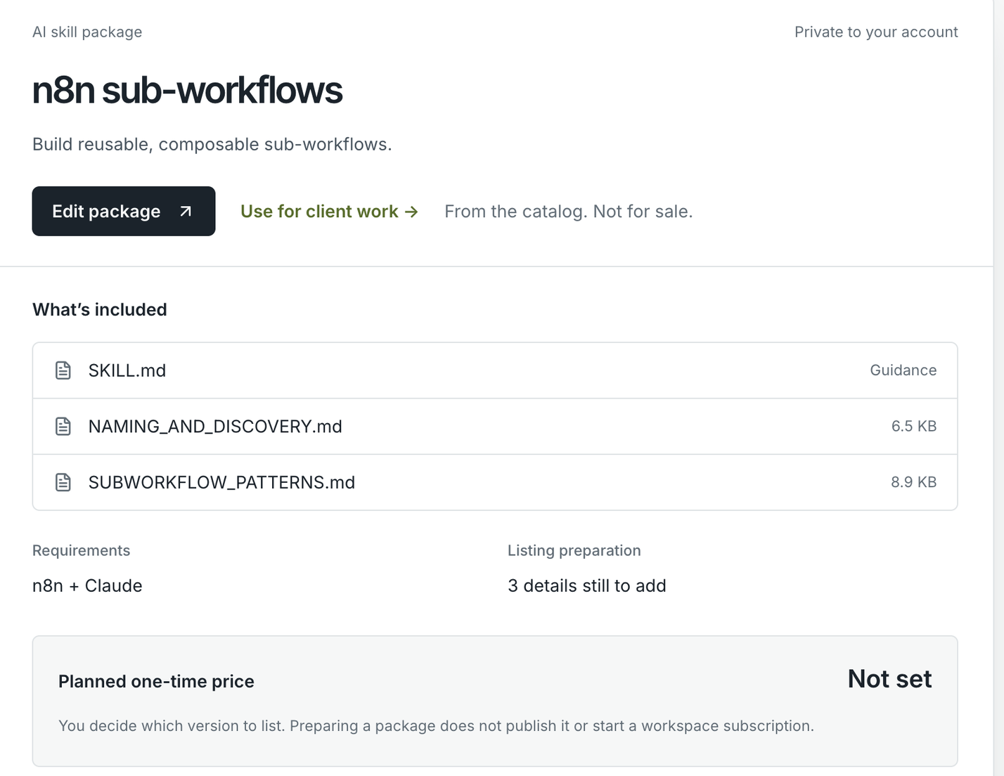 A saved package in the library: n8n sub-workflows, with its files, requirements and planned price