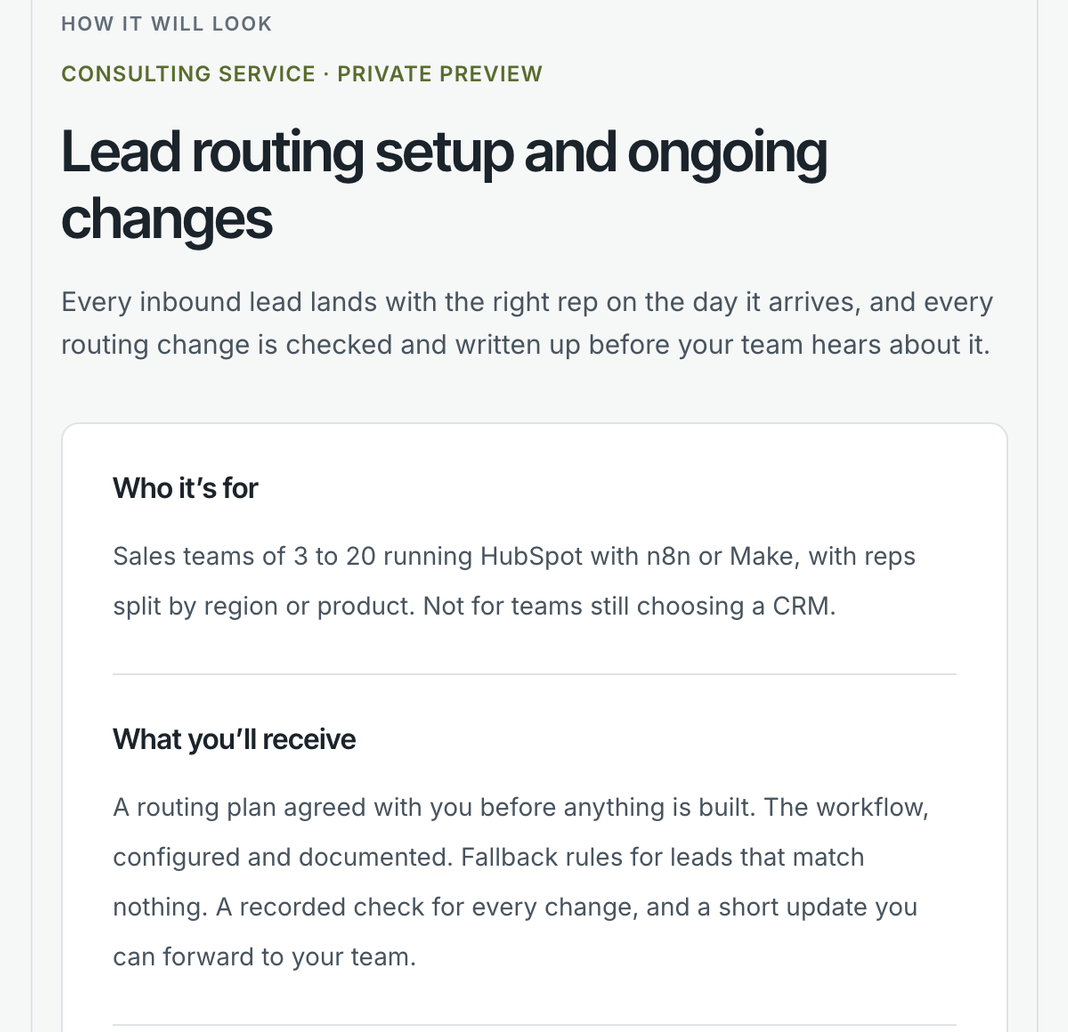 The listing preview of a service: who it is for, what the client receives, tools and platforms