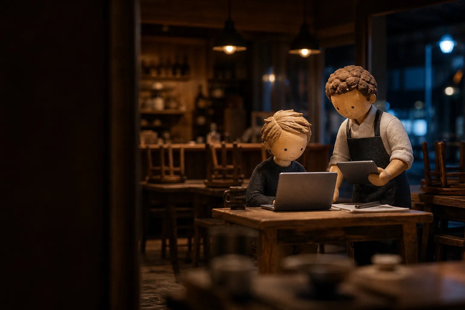 Carved wooden figures: a consultant works on a laptop in a closed restaurant while the owner looks on.