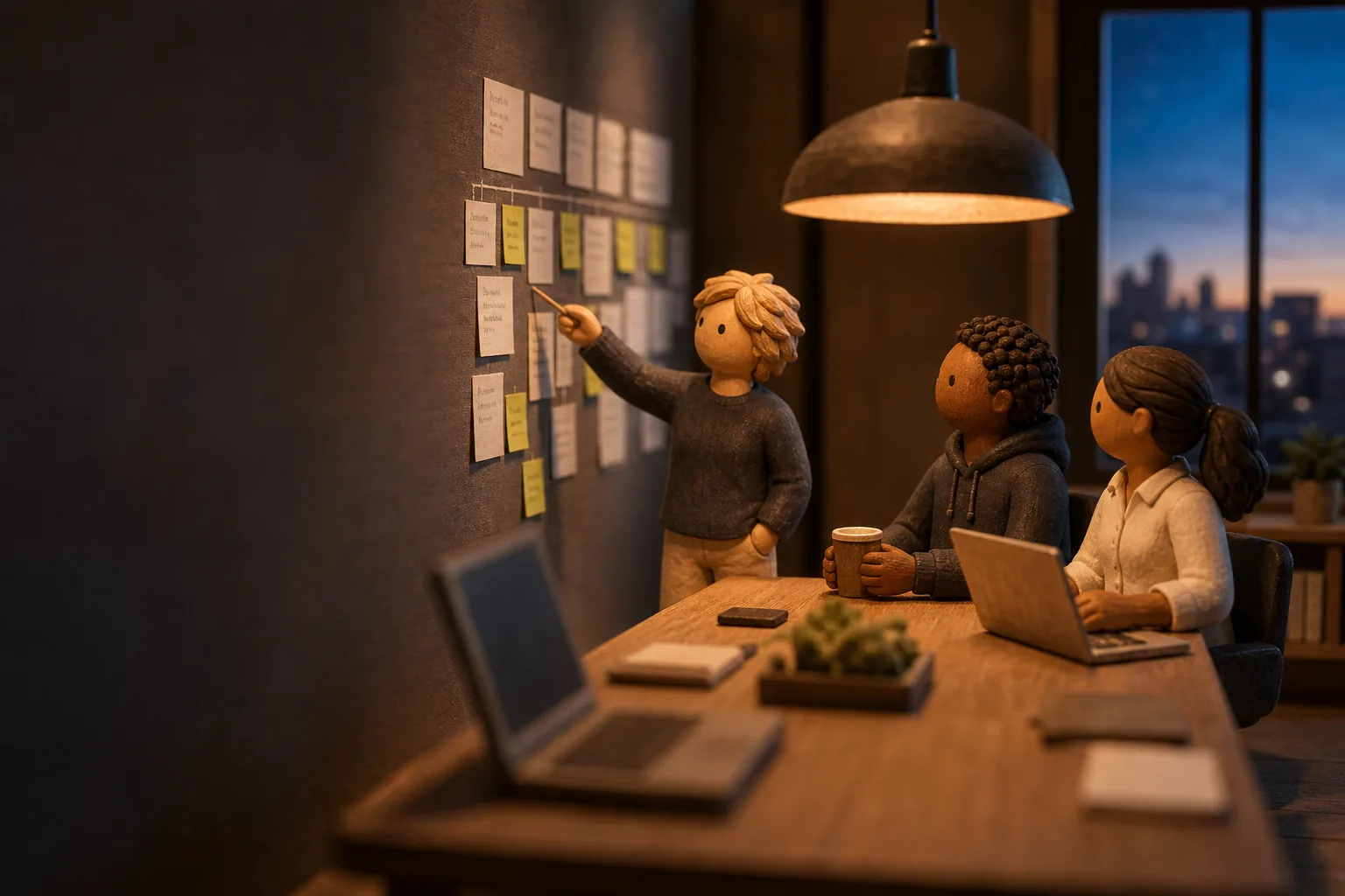 Carved wooden figures: a consultant points to a launch plan on the wall while a founder and a sales lead listen.