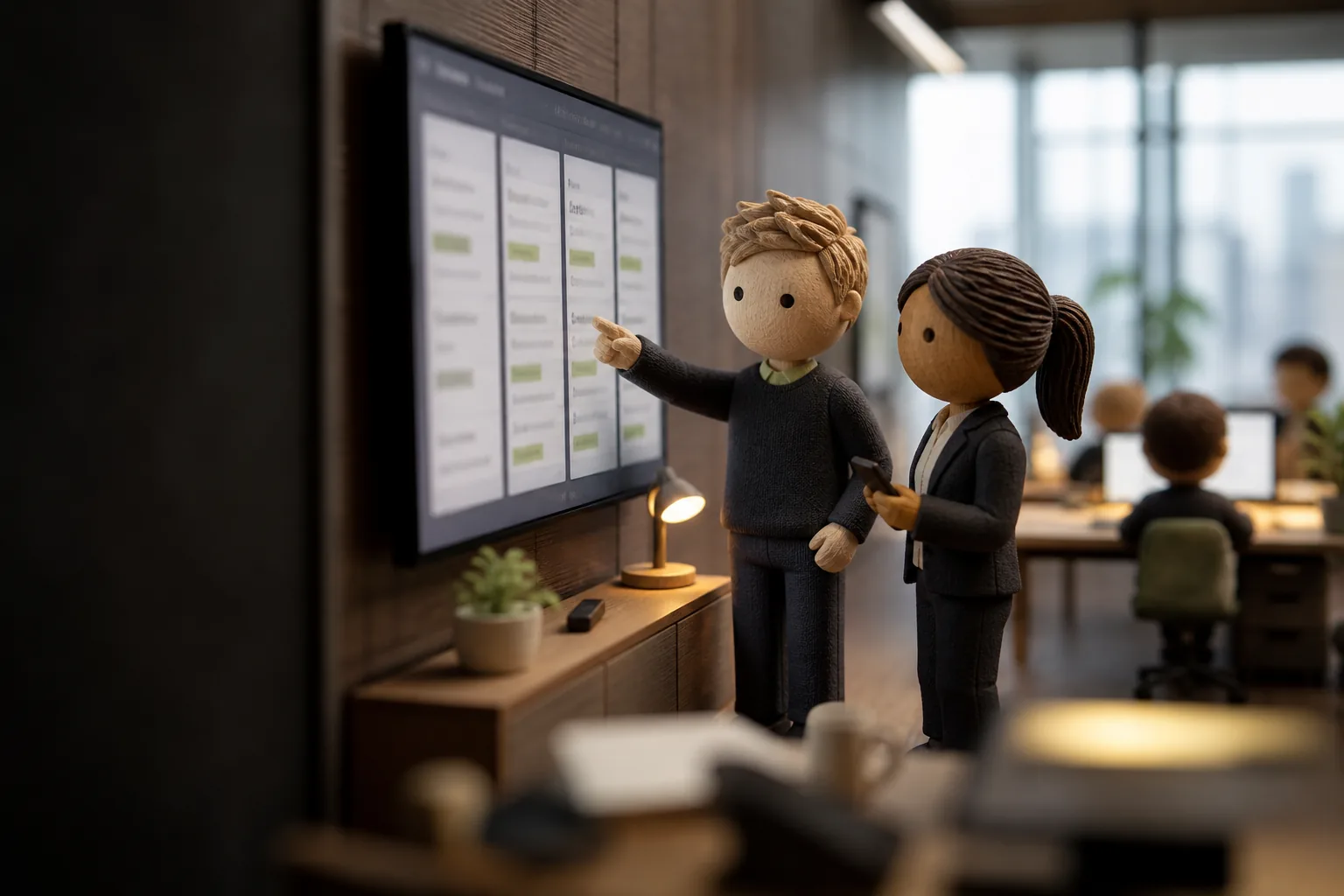 Carved wooden figures: a consultant and a sales leader review a pipeline board on a wall screen in a sales office.